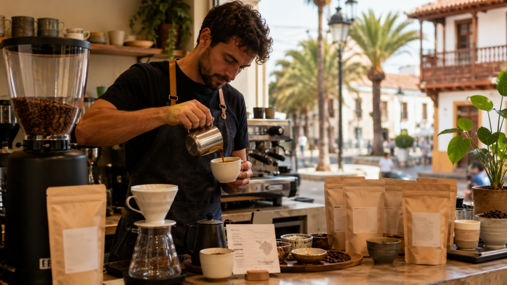 Barista preparando café de especialidad en Puerto de la Cruz